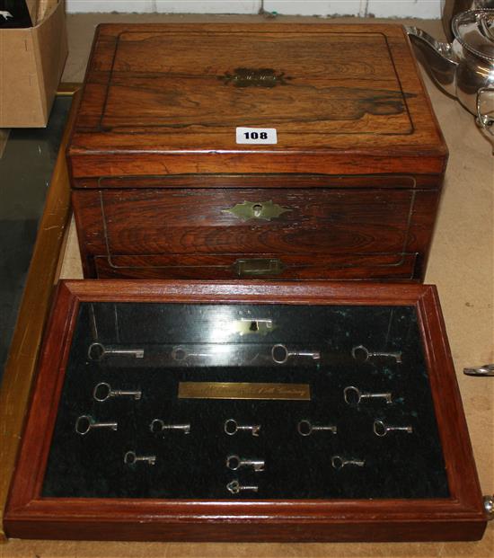 Victorian rosewood box and framed 18th century keys